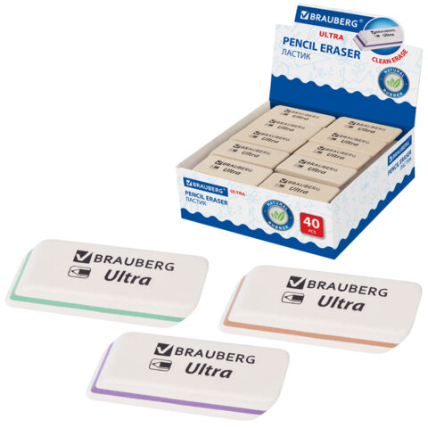 Ластик BRAUBERG "Ultra", 50х14х8 мм, белый, детали ассорти, натуральный каучук, 228704