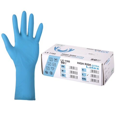 Перчатки латексные смотровые сверхпрочные SFM HIGH RISK LX 1160, Германия, 25 пар (50 штук), размер 9-10, XL (очень большой)