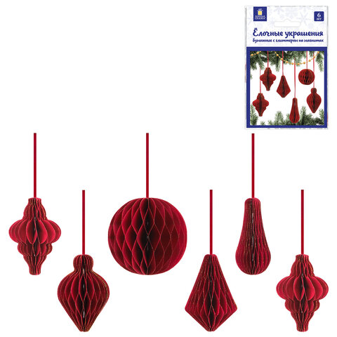 Елочные украшения из бумаги, НАБОР 6 шт., с глиттером, цвет бургунди, ЗОЛОТАЯ СКАЗКА, 592540