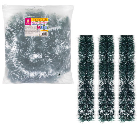 Мишура КОМПЛЕКТ 3 штуки, диаметр 100 мм, длина 2 м, зеленая с белыми кончиками, 592217