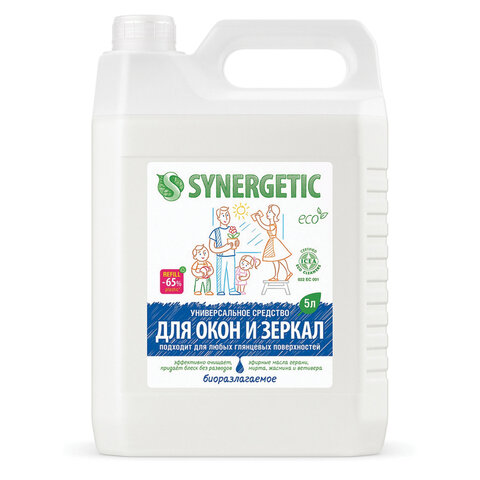 Средство для мытья стекол и зеркал с антибактериальным эффектом 5 л SYNERGETIC, биоразлагаемое, 96