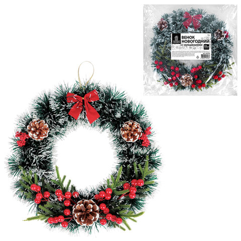 Венок новогодний, диаметр 35 см "Пушистый", с декором, ПЭТ, ЗОЛОТАЯ СКАЗКА, 592520