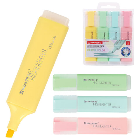 Набор текстовыделителей 4 ЦВЕТА, BRAUBERG "ORIGINAL PASTEL", линия письма 1-5 мм, 151697