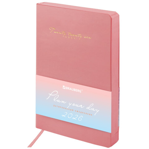 Ежедневник датированный 2026, А5, 138x213 мм, BRAUBERG "Pastel", под кожу гибкий, розовый, 117463
