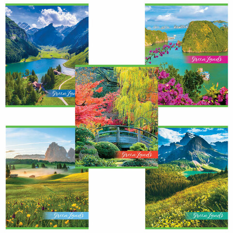 Тетрадь А5, 48 л., HATBER-ECO скоба, офсет №2 ЭКОНОМ, клетка, обложка мелованная бумага, "GreenLand", 075791, 48Т5D1