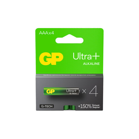 Батарейки КОМПЛЕКТ 4 шт., GP Ultra Plus G-Tech, AAA (LR03), алкалиновые, мизинчиковые, 24AUPA21-2CRSB4