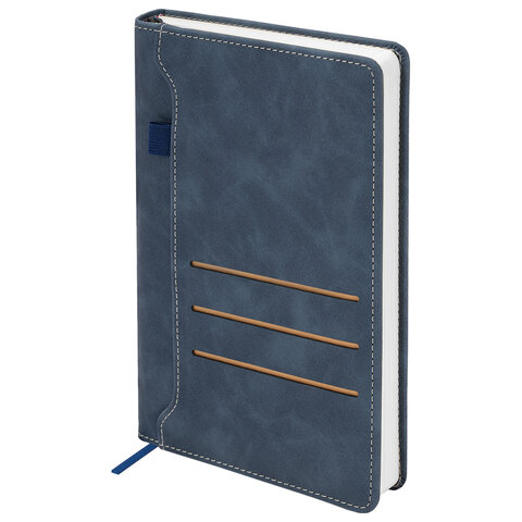 Ежедневник недатированный А5 138х213 мм, BRAUBERG "Slot", под кожу, держатель для ручки, 160 листов, синий, 116607