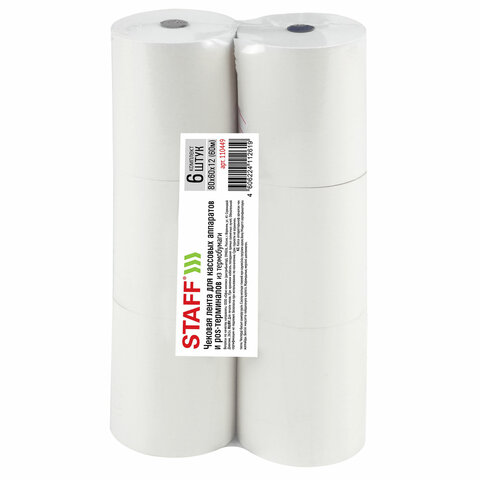 Чековая лента ТЕРМОБУМАГА 80 мм (диаметр 70-74 мм, длина 60 м, втулка 12 мм) КОМПЛЕКТ 6 шт., STAFF, 110449