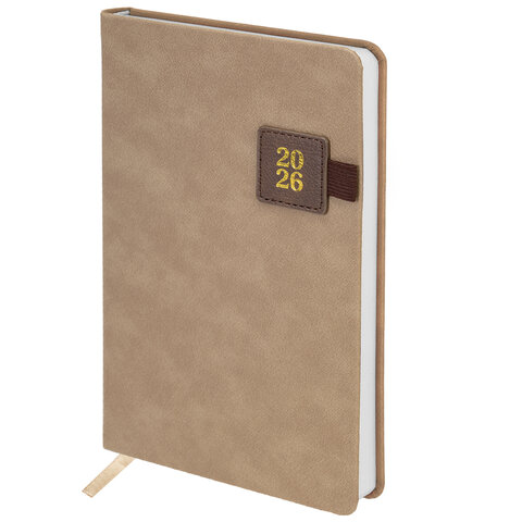 Ежедневник датированный 2026 А5 138х213 мм, BRAUBERG "Accent", под кожу, держатель, бежевый/коричневый, 117388