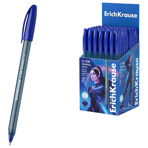 Ручка шариковая ERICH KRAUSE U-108 "Stick Original", СИНЯЯ, узел 1 мм, линия 0,3 мм, 47595