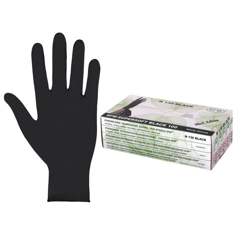 Перчатки нитриловые смотровые SFM Supersoft N136, Германия, 100 пар (200 штук), размер 8-9, L (большой), черные