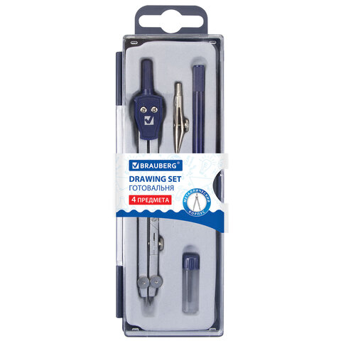 Готовальня BRAUBERG "Student Oxford", 4 предмета: циркуль 140 мм, рейсфедернная вставка + держатель, грифель, 210335
