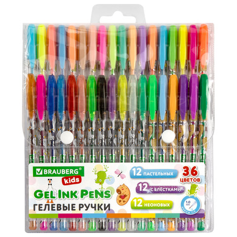 Ручки гелевые BRAUBERG KIDS "CUTE ANIMALS", НАБОР 36 ЦВЕТОВ, корпус с печатью, узел 1 мм, линия письма 0,7 мм, 144448