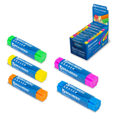 Ластик BRAUBERG "X-Erase", 68х15х15 мм, цвет ассорти, экологичный ПВХ, 228066