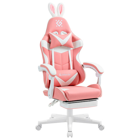 Кресло компьютерное DEFENDER "Irifi", 2 подушки, подставка для ног, экокожа, розовое/белое, 64042