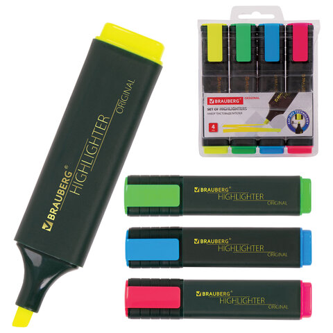 Набор текстовыделителей 4 ЦВЕТА, BRAUBERG "ORIGINAL", линия письма 1-5 мм, 151689