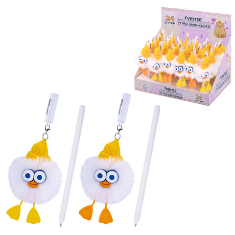 Ручка с пушистой подвеской шариковая FUNSTER (ФАНСТЕР) "FLUFFY DUCK", СИНЯЯ, ассорти, пишущий узел 0,7 мм, 144525