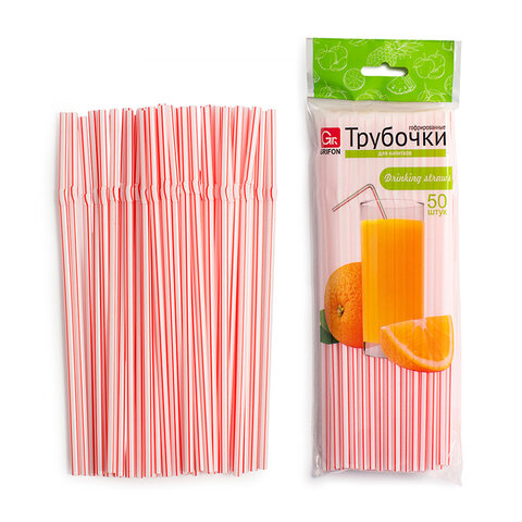 Трубочки для коктейлей гофрированные пластиковые 5х210 мм, белые с красной полоской, 50 шт., GRIFON, 105-050