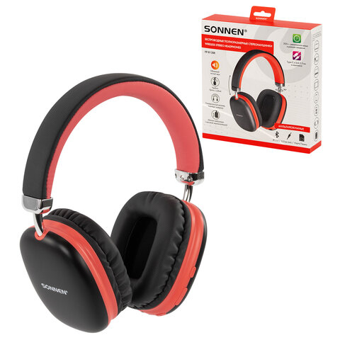 Наушники беспроводные накладные полноразмерные раздвижные мультирежимные, SONNEN HP-B12BR, Bluetooth 5.4, черный/коралловый, 514128
