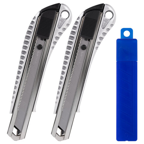 Нож канцелярский 18 мм, КОМПЛЕКТ 2 штуки + 10 ЛЕЗВИЙ, BRAUBERG Metallic, металлический корпус, 273929