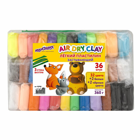 Пластилин супер лёгкий воздушный 36 шт. (32 цвета + 2 белых + 2 черных), 360 г, 3 стека, ЮНЛАНДИЯ, 105908