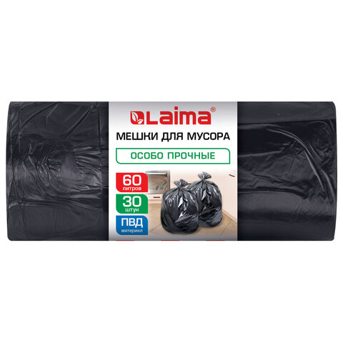 Мешки для мусора 60 л, черные, в рулоне 30 штук, особо прочные, ПВД 30 мкм, 58x68 см, LAIMA, 702658