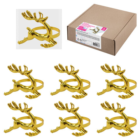 Кольца для салфеток новогодние, КОМПЛЕКТ 6 шт., 5,5 см, "Олени", золотистые, ЗОЛОТАЯ СКАЗКА, 592487