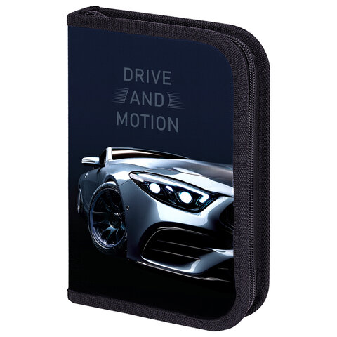 Пенал BRAUBERG с наполнением, 1 отделение, 1 откидная планка, 24 предмета, 21х14 см, "Sport car", 271527