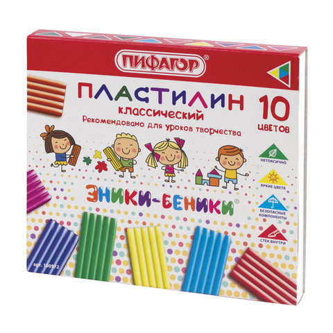 Пластилин классический ПИФАГОР "ЭНИКИ-БЕНИКИ", 10 цветов, 200 г, со стеком, картонная упаковка, 100972