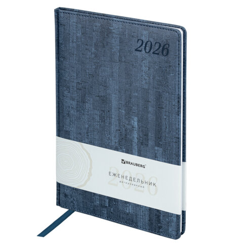 Еженедельник датированный 2026 БОЛЬШОЙ ФОРМАТ 210х297 мм, А4 BRAUBERG "Wood", под кожу, синий, 117158