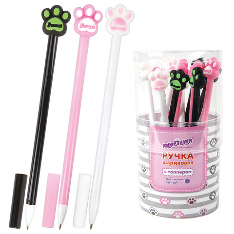 Ручка с топпером шариковая ЮНЛАНДИЯ "Лапка", корпус ассорти, СИНЯЯ, пишущий узел 0,7 мм, 143784