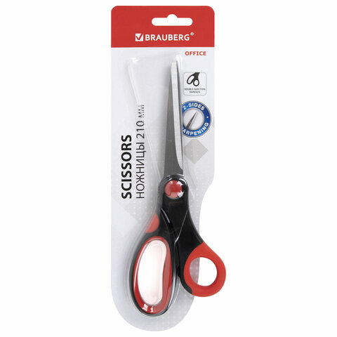 Ножницы BRAUBERG "Office", 210 мм, красно-черные, прорезиненные ручки, 2-х сторонняя заточка, 231566