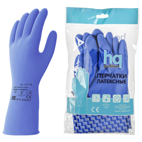 Перчатки латексные КЩС, сверхпрочные, плотные, хлопковое напыление, размер 9,5-10, XL (очень большой), синие, HQ Profiline, 74736
