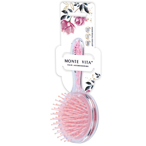 Расческа для волос массажная 15х7 см, с блестками прозрачный/розовый, MONTE VITA (МОНТЕ ВИТА), 457424