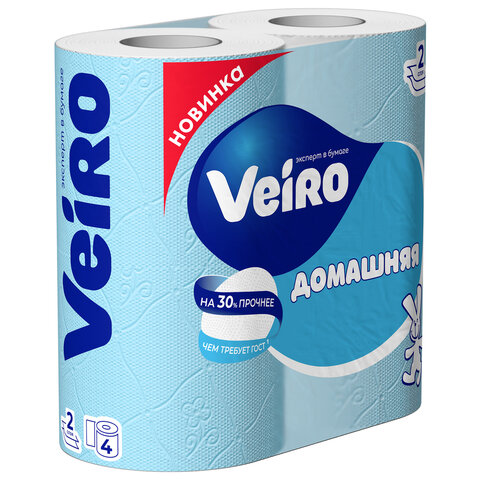 Бумага туалетная бытовая, спайка 4 шт., 2-х слойная (4х15 м), VEIRO "Домашняя", белая, 1с24