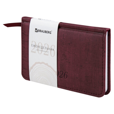 Еженедельник датированный 2026 МАЛЫЙ ФОРМАТ 95х155 мм, А6, BRAUBERG "Wood", под кожу, бордо, 117196