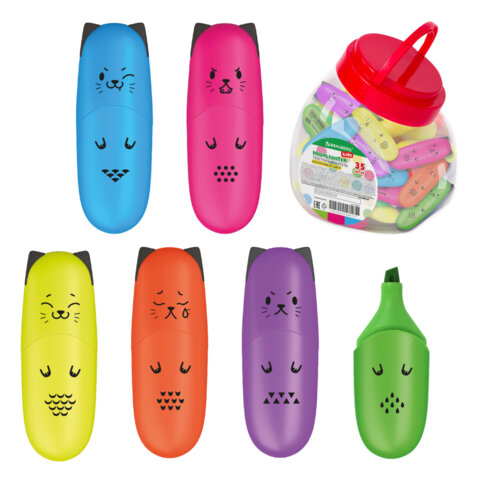 Текстовыделитель мини BRAUBERG KIDS "CUTE CATS NEON", АССОРТИ В ПЛАСТИКОВОЙ БАНКЕ, 1-5 мм, 152433