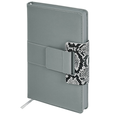 Ежедневник недатированный А5 138х213 мм, BRAUBERG "Safari", под кожу, магнит, 160 л., Snake, серый, 116594