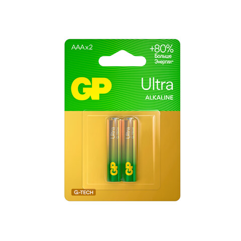 Батарейки КОМПЛЕКТ 2 шт., GP Ultra G-Tech, AAA (LR03, 24А), алкалиновые, мизинчиковые, 24AUA21-2CRSBC2