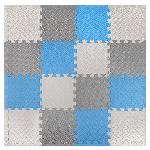 Коврик-пазл напольный 1,2х1,2 м, 16 шт., 30х30 см, толщина 1 см, серый, голубой, светло-серый, ЮНЛАНДИЯ, 664813