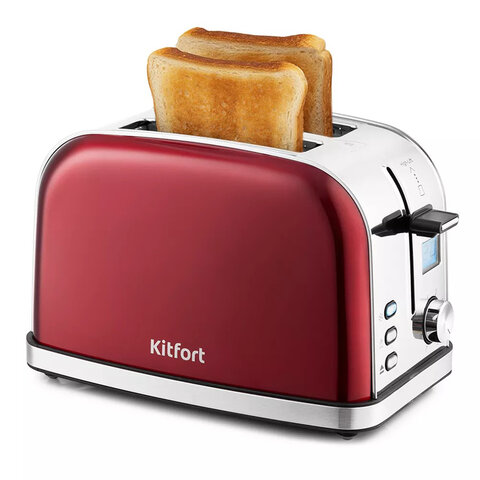 Тостер KITFORT КТ-2036-1, 950 Вт, 2 тоста, 8 режимов, цифровой дисплей, металлический, красный