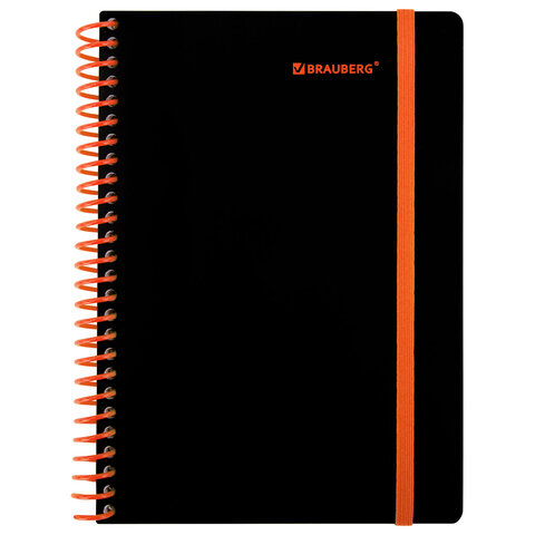 Тетрадь обложка пластик, А5 80 л., спираль пластик, резинка, клетка, BRAUBERG, черный/оранжевый, 405386