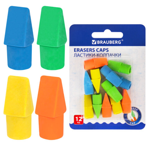 Ластики-колпачки BRAUBERG "Eraser Caps", НАБОР 12 ШТУК, яркие цвета ассорти, блистер, 271994