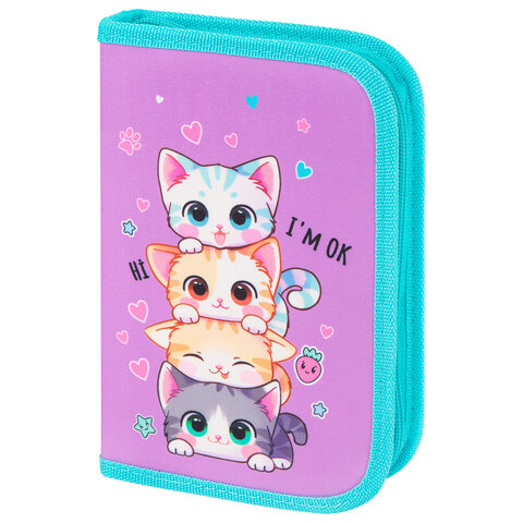 Пенал BRAUBERG, 1 отделение, 1 откидная планка, полиэстер, 21х14 см, "Funny kittens", 273523