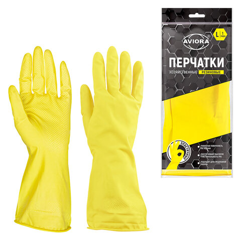 Перчатки МНОГОРАЗОВЫЕ латексные AVIORA, размер 8-9, L (большой), желтые, вес 36 г, 402-568