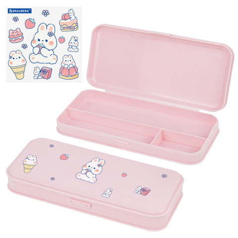 Пенал пластиковый BRAUBERG, пастельный розовый, С НАКЛЕЙКАМИ, 21х9х3 см, 272271