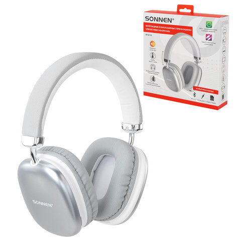 Наушники беспроводные накладные полноразмерные раздвижные мультирежимные, SONNEN HP-B12S, Bluetooth 5.4, серебристые, 514127