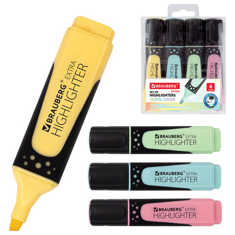 Набор текстовыделителей BRAUBERG 4 шт., АССОРТИ, "EXTRA PASTEL", прорезиненный корпус, линия 1-5 мм, 151756