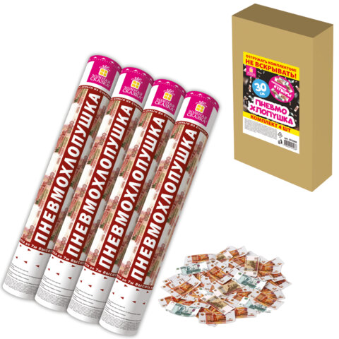 Хлопушка пневматическая 40 см "Рубли" 3+1 шт. В ПОДАРОК, бумажный наполнитель "купюры", ЗОЛОТАЯ СКАЗКА, 592086