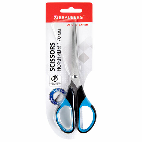 Ножницы BRAUBERG "Office-Expert" 170 мм, сине-черные, резиновые вставки, 3-х сторонняя заточка, 231561